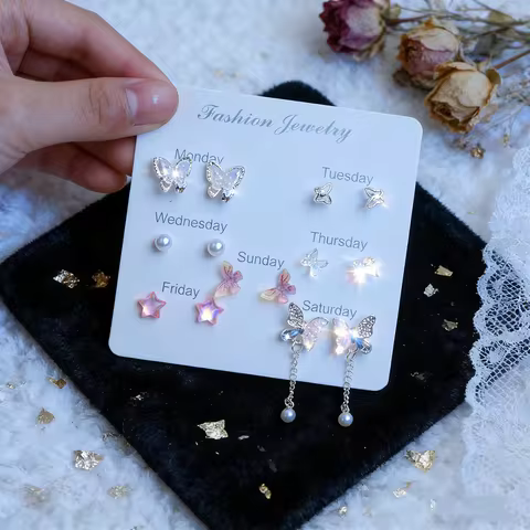 6/9/14/20/25/27Pairs Fashion Sweet French Style Rhinestone Stud Ear Set For Women One Week Butterfly