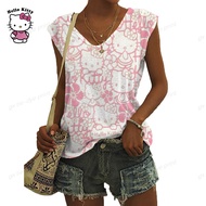เสื้อกั๊กคอวีพิมพ์ลาย Hello Kitty สำหรับผู้หญิงเสื้อผ้าลำลองแขนกุดสำหรับเสื้อสายเดี่ยวเสื้อกล้าม Cami เสื้อกล้ามผู้หญิง Y2k การ์ตูน