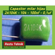 HIJAU Green mild capacitor 2A104K - 2A104J - 104K - 104J - 104 - 100nf - 0.1uf - 100Volt.
