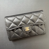 Chanel 黑色荔枝牛皮 金釦 中夾 錢包 銀包