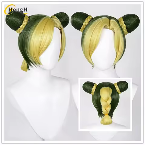 40cm Long Jolyne Cujoh Synthetic Anime Mixed Color Cosplay Anime Wig Buns With Stickers Heat Resista