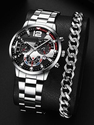 1入組男士銀色鋅合金錶帶時尚日期圓盤石英錶＆1入組鏈式手鐲，適用於禮物