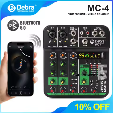 Debra MC-4 Digital Mixer 4 Channel with 99 DSP Reverb Effects Bluetooth USB Playback Headphone Outpu