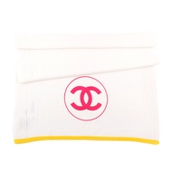 【CHANEL 香奈兒】桃紅Logo 黃邊喀什米爾羊毛圍巾/披肩(白色)/ 平行輸入