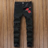 Denim levis 501 original Trend jalan raya Amerika, seluar jeans langsing besar, keperibadian lelaki Korea, seluar kaki mawar bersulam, regangan