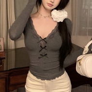 Babyko&gt;&gt;Lace Bow V neck Crop Top Slim Fit Long Sleeve Women's T shirt Korean Solid TeesBrand New