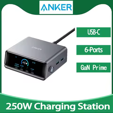 Anker Prime Charger, 250W / 200W GaN Prime USB C Charging Station, Ultra-Fast 6-Port, 2.26" LCD Disp