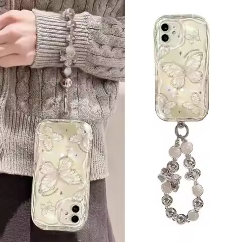 Laser Pearl Chain Butterfly Phone Case For Redmi 13 13C 4G 5G 12C 10C 9T 9A 9C 12 10 9 A3 A2 A1 Plus