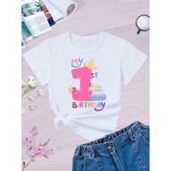 Cake Print "My 1st Birthday" Girl's One Year Old Birthday T-Shirt Party Clothes Kid's Gift