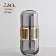 ev-47 แจกันแก้วทรงกลมทรงสูงแต่งลายเหล็กดัดสีทอง  แจกันดอกไม้ vase C3-2