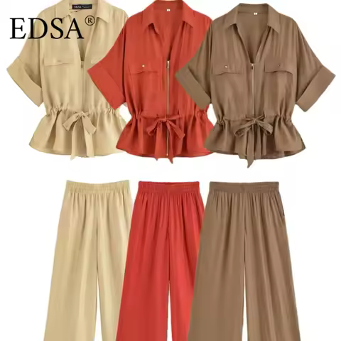 EDSA Women Safari Style Pants Set V-Neck Shirt-style Long Sleeves with Front Zip High Waist Long Str