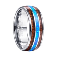 BONLAVIE 8mm Hawaiian Koa Wood and Blue Opal Inlay Tungsten Carbide Ring Domed Wedding Band Comfort 
