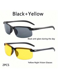 2對夜視眼鏡,適用於女性男性戶外運動的半無框太陽眼鏡,司機防眩光護目鏡,夜間駕駛必備
