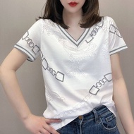 Color-blocking and simple printing round neck with brick inlay casual short-sleeved T-shirt Womens K