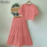 ZANZEA เสื้อชุดแขนสั้นสองชิ้นสำหรับวันหยุดของผู้หญิงชุดแข็ง #0317