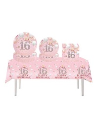 41入組粉紅色十六歲派對餐具套裝包括20入餐巾紙、10入9吋盤子、10入7吋盤子、1入桌布,一次性粉色派對用品