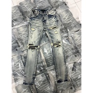 Am Black Knee-Washed Jeans Soft Stretch Fabric With Bag Male-Female 7157 Denim Seluar Jeans Lelaki