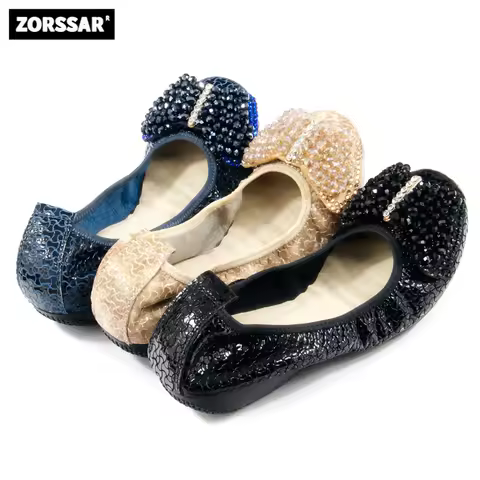 Women's Egg Roll Shoes Genuine Leather Mother Shoes Flats Rhinestone Bowtie Round Toe Slip-on Ballet