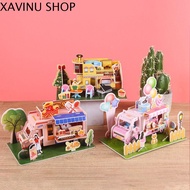 XAVINU ร้านขายไอศกรีม ห้องปริศนาบ้านตุ๊กตาแบบทำมือ กระดาษแข็งบอร์ดบอร์ด การ์ตูนลายการ์ตูน ห้องปริศนา