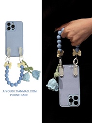 ins blue trumpet flower bead bracelet suitable for Apple 14promax mobile phone case Apple 13 new 12/11 temperament xsmax women's 14plus creative 7/8p adjustable crossbody rope 【SEY】