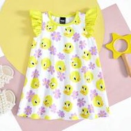Baby Girl Tweety Bird & Floral Print Cap Sleeve Cute Casual Yellow & White Dress