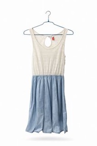 H&M 無袖鏤空蕾絲拼接淺藍牛仔連身裙