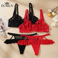 ECMLN Sexy Ultra-Thin Lace Push-Up Bra & Panty Set for Women - Hollow Non-Padded Underwire Bra w/Thi