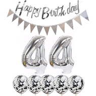 2 Balloons Number 44 + haappy Birthday Garland + Silver Banner foil Balloon 44th Birthday Decoration
