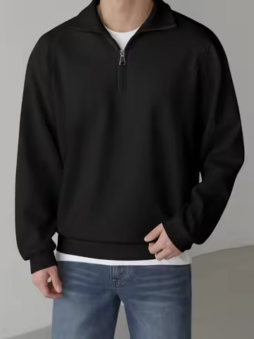 New Men's Solid Color Half Zip Polo Collar Ribbed Knit Sweatshirt Casual Long Sleeve Pullover Knitwe