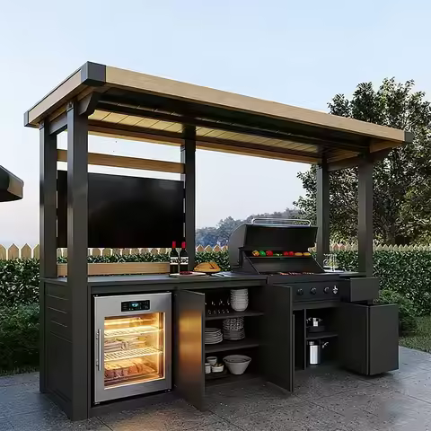 Powder Coated Outdoor Kitchen Modular Aluminum Built In BBQ Grill Refrigerator Commercial Durable Cu