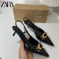 Zara Fashionable New Style Women's Shoes Pointed Toe Shallow Mouth Metal Buckle Stiletto Open Heel Sandals