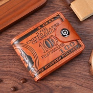 Men Vintage 100 Dollar Bill Pattern Short Wallet PU Leather Snap Button Bifold Card Holder Multi Slo