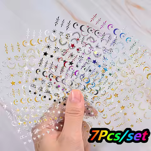7Colors Star&Moon 3D Nail Stickers Set 8*10cm Colorful Sun Moon Star Laser Nail Decal DIY Self-Adhes