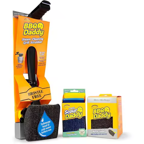 Scrub Daddy BBQ Grill Cleaner Kit - Bristle Free Grill Brush with Refill + Scour Daddy Steel Sponge 