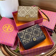hot sale authentic tory burch bags women   Tory Burch T Monogram Two Colors Jacquard Logo+Cow Leather Zipper Wallet Pouch tory burch official store