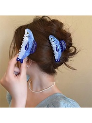 1pc Y2K Hip Hop Style Blue & White Fish Shape Hair Clip, Oval Sardine Island Inspired Design, Realis