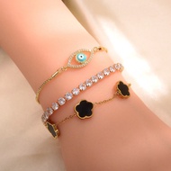 3pcs Copper Inlaid Cubic Zirconia Clover + Evil Eye + Tennis Ball Charm Bracelet Set. The Four-Leaf 