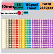 10mm，Students, children, creative DIY works color stickers，192Pcs/Sheet Color dot label stickers 10m
