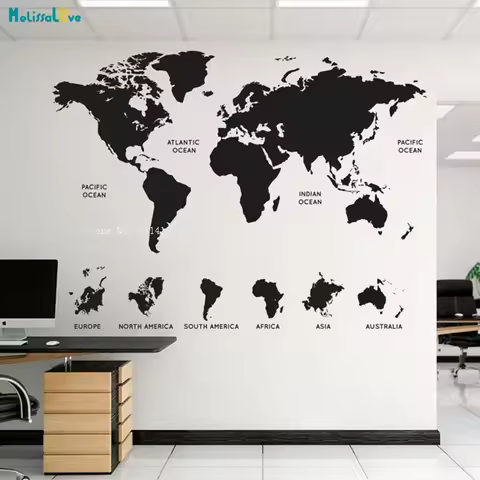Office World Map Wall Sticker Decor Removable 7 Continents 4 Oceans Home Vinyl Art Murals Vinyl Gift