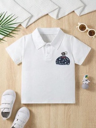SHEIN 幼童男孩短袖t恤,時尚帥氣,針織polo衫適用於中小童,可愛休閒運動印花上衣,夏季