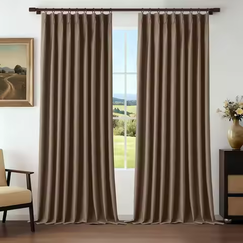 Brown Pinch Pleated Blackout Curtains 84 Inches Long Single Panel Thermal Insulated Linen Curtains w