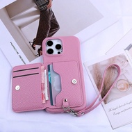 1pc Minimalist Fashionable Litchi Grain PU Leather Lanyard Phone Case Compatible With Apple 17 Air 1
