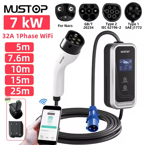 MUSTOP 7KW Portable EV Charger Type2 GBT 1Phase 32A Cee Plug 25ft 5m 8m 10m 15m 25m j1772 Charging S