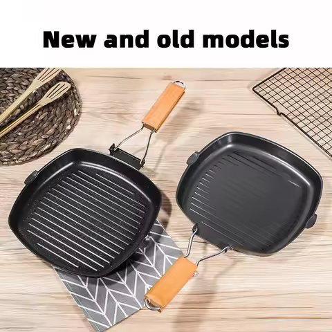 Foldable Portable Frying Pan Picnic Grill Pan Anti-scald Wooden Handle Outdoor Grill Pan Double Mout