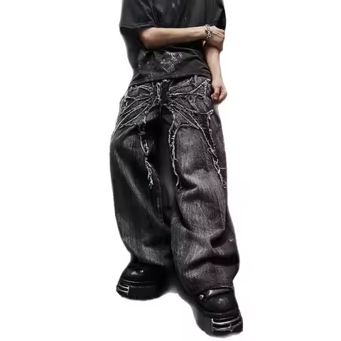 Streetwear Y2k Men Baggy Jeans Black Grey Wide-leg Line Design Gothic Punk Men Women Jeans Fashion O