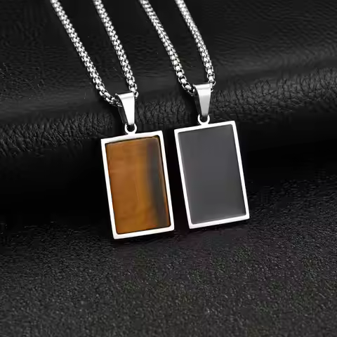 Vnox Men's Geometric Square Pendant Necklace, Tiger Eye Stone Pendant Stainless Steel Box Chain, Jew