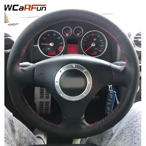 WCaRFun Black Leather Steering Wheel Cover for Audi A2 8Z A3 8L Sportback A4 B6 Avant A6 C5 A8 D2 TT
