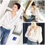 FC V-Neck Lace Shirt With Openwork Pattern Five-Point Sleeves Waist Jumpsuit