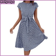 Womens Floral Printed Midi Dress Casual Crew Neck Short Sleeve Swing Dress with Belt Summer Beach Pl