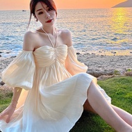 White beach dress Beautiful women's dress with off-the-shoulder strapless maxi 2-strap long loose bi